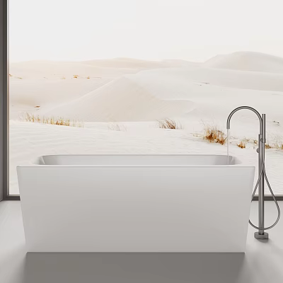 White Bathtub With Silver Faucet And Desert Landscape View Through Window 3d model