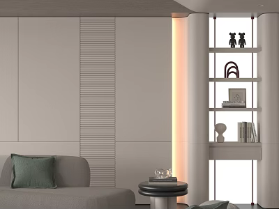 Modern White Display Shelf in Living Room with Black Figurines Books Decorations and Soft Lighting 3d model