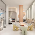 Warm Bright Kids Activity Space With Arched Windows Colorful Balloons Circular Bookshelves And Small Table