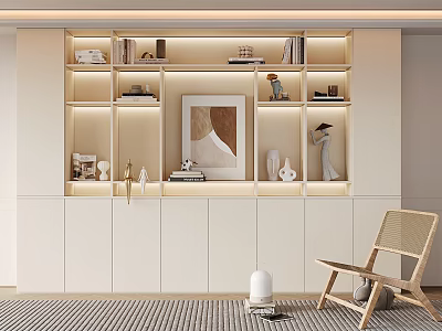 Modern Built-in Bookcase with Lighting Books and Decorative Items in Light Design 3d model