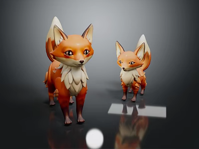 Two Cute 3D Cartoon Fox Models With Orange White Fur And Shiny Reflection 3d model