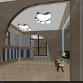 Kids Studio Interior With Cloud Shaped Lights Footprint Floor And Blue Reception Desk