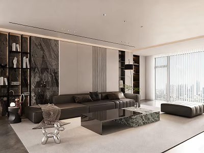 Spacious Bright Modern Luxury Living Room With Leather Sofa Marble Decor And Large French Window 3d model