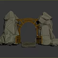 Rustic Wooden And Stone Archway Structure With Stone Steps And Wooden Planks