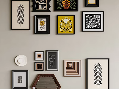 Stylish Photo Wall With Artistic Decor Prints Mixed Frames Botanical And Geometric Patterns Home Decor 3d model