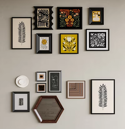 Stylish Photo Wall With Artistic Decor Prints Mixed Frames Botanical And Geometric Patterns Home Decor 3d model
