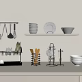 Modern Kitchen Countertop With Hanging Utensils White Dishes Bowl And Utensil Holders