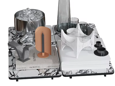 Stylish Decorative Ornament Set With Marble Trays Metal Ice Bucket Glass Vase And Geometric Sculptures 3d model