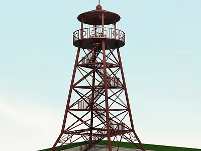 Red Metal Tower Featuring Spiral Staircase Top Observation Deck Blue Sky and Grassland 3d model