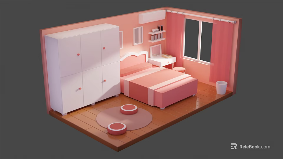 Cartoon Scenario Cozy Pink Bedroom With Bed Wardrobe Desk Window And Rug 3d model 