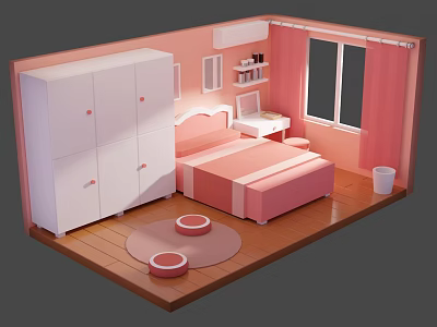 Cartoon Scenario Cozy Pink Bedroom With Bed Wardrobe Desk Window And Rug 3d model