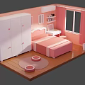 Cartoon Scenario Cozy Pink Bedroom With Bed Wardrobe Desk Window And Rug