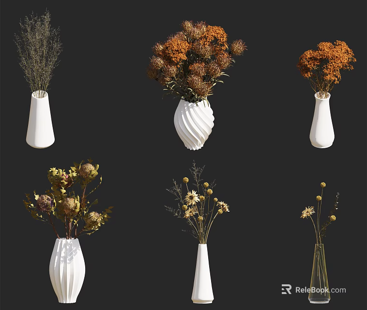 Decorative White Vases With Dried Flower Arrangements In Various Designs For Home Decor 3d model 