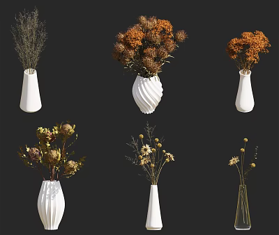 Decorative White Vases With Dried Flower Arrangements In Various Designs For Home Decor 3d model