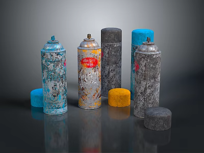 Colorful Spray Cans With Graffiti Designs And Various Colored Caps Displayed 3d model