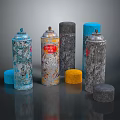 Colorful Spray Cans With Graffiti Designs And Various Colored Caps Displayed 3d model