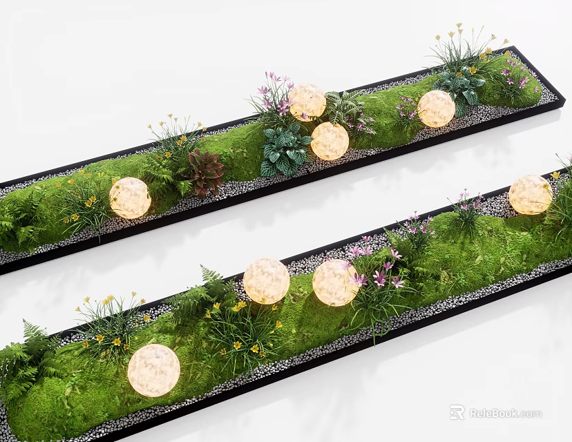 Lush Long Rectangular Flower Plant Arrangement With Green Moss Pebbles And Round Glowing Lights 3d model 