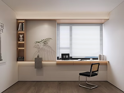 Minimalist Study Room Interior With Window Desk Blinds Bookshelf Teddy Bear Chair 3d model
