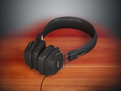 Black Over Ear Headphones on Wooden Tabletop with Comfortable Headband and Wired Connection 3d model