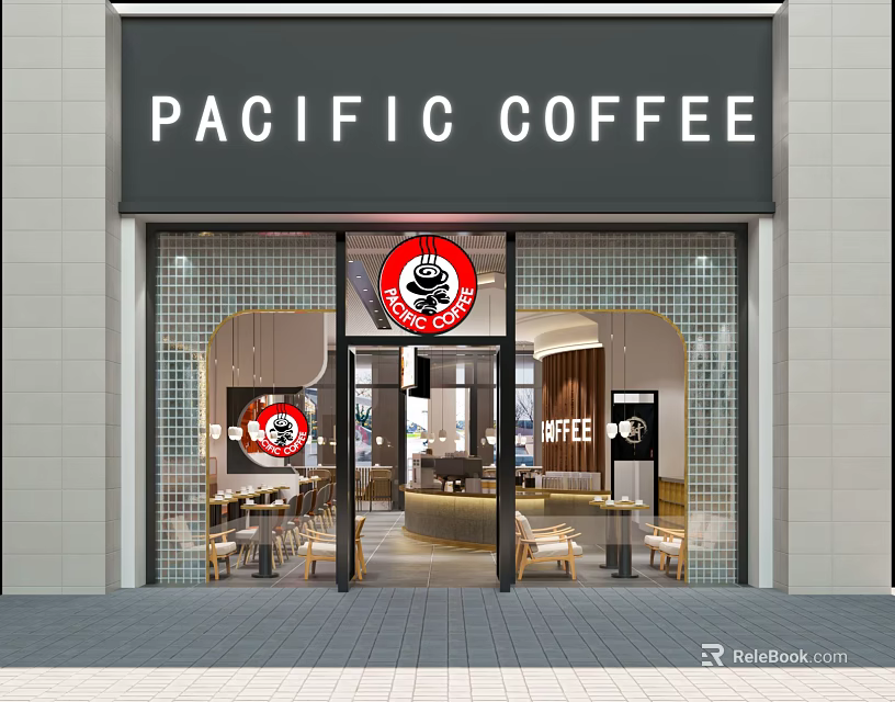 Pacific Coffee Shop Exterior With Glass Door Entrance And Interior Seating Area 3d model 