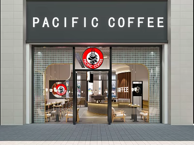 Pacific Coffee Shop Exterior With Glass Door Entrance And Interior Seating Area 3d model