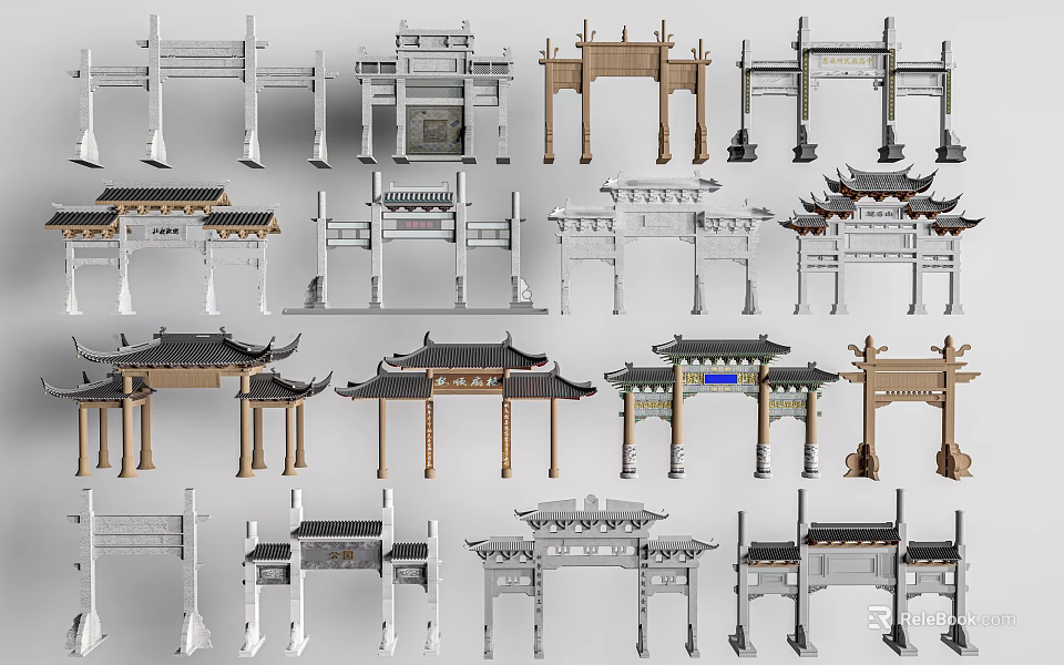Traditional Chinese Memorial Archway Showcase With Various Classical Designs And Architectural Structures 3d model 