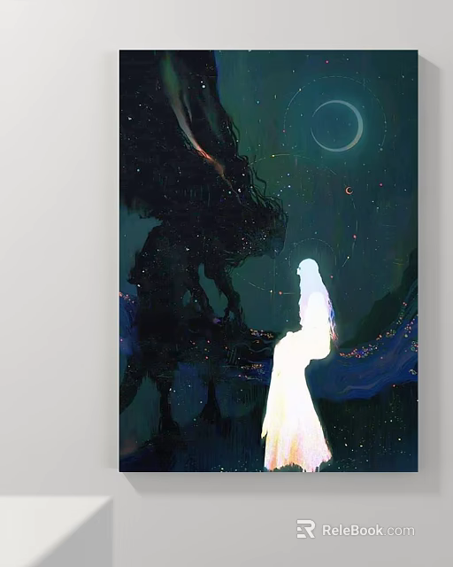 Abstract Painting Of White Robed Figure Under Crescent Moon And Starry Sky With Dark Silhouettes 3d model 
