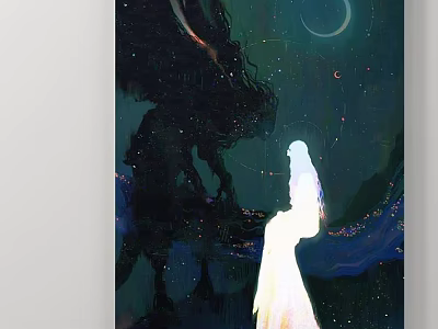Abstract Painting Of White Robed Figure Under Crescent Moon And Starry Sky With Dark Silhouettes 3d model