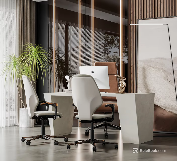 Modern Office Desk Workspace With Ergonomic White Chairs Mac Desktop And Potted Green Plants 3d model 