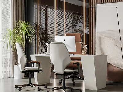Modern Office Desk Workspace With Ergonomic White Chairs Mac Desktop And Potted Green Plants 3d model