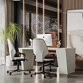 Modern Office Desk Workspace With Ergonomic White Chairs Mac Desktop And Potted Green Plants