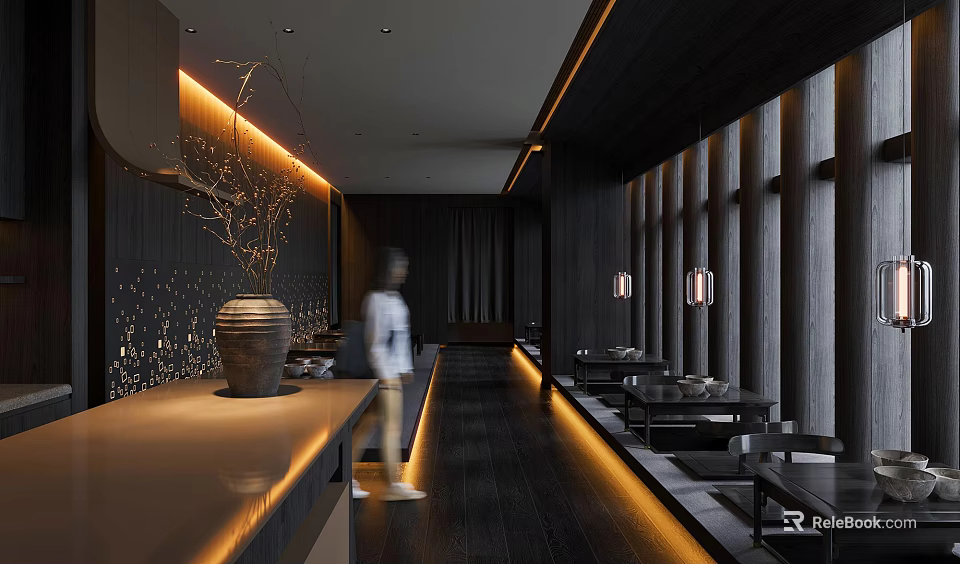 Traditional Japanese Restaurant Interior With Warm Lighting Wooden Tables And Comfortable Dining Seats 3d model 