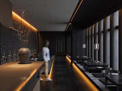 Traditional Japanese Restaurant Interior With Warm Lighting Wooden Tables And Comfortable Dining Seats 3d model