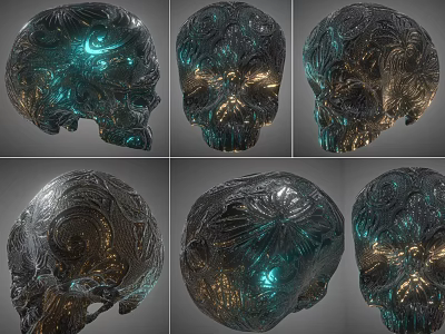 Intricately Carved Skull Decorative Ornament Set With Glowing Green And Gold Accents 3d model
