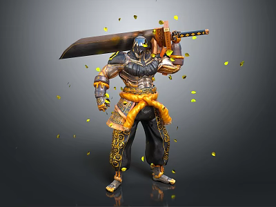 Samurai Warrior Character Wielding Giant Sword In Armor With Golden Ornaments And Falling Yellow Leaves 3d model