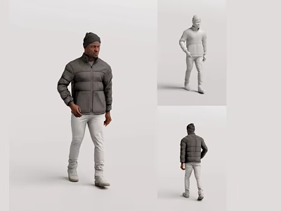 Man In Gray Puffer Jacket White Pants And Gray Beanie Full Body Multiple Angles 3d model