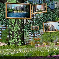 Garden Landscape With Vines Covered Tree Photo Frames Buildings Water Features And Flowers