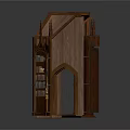 Gothic Architectural Wooden Bookcase With Pointed Spires Multiple Shelves Books And Candle Holders