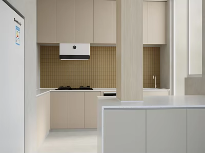 Modern Kitchen Interior Design With Light Cabinets White Refrigerator Stove Tile Backsplash And Range Hood 3d model
