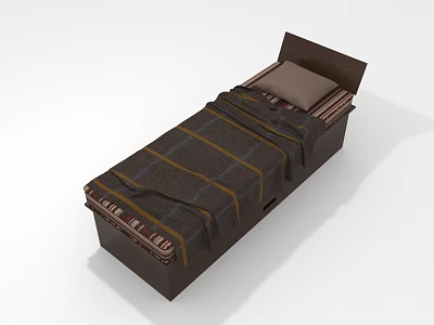 Cozy Single Bed With Brown Striped Blanket Wooden Frame And Pillow 3d model