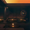 Modern Bar Interior With Orange Ceiling Brick Walls Sofas Chairs Candles And Small Tree 3d model