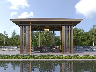 Oriental Wooden Pavilion With Lattice Design Water Pool Reflection And Greenery Surroundings 3d model