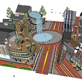 Modern Commercial Street with Glass Facade Multi Level Design Pedestrians Outdoor Seating and Evening Lighting