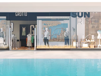 GROTTIO Store Window Display Featuring Sunrise Theme Mannequins Fashion Apparel And Pool 3d model