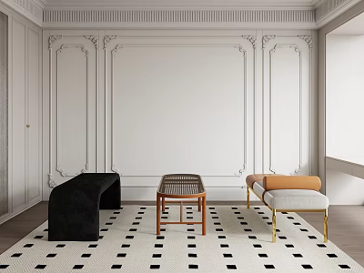 Decorative Wall Interior With Black Bench Wooden Grid And Orange Beige Backrest Stools On Checkered Rug 3d model