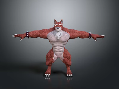 Muscular Red Fur Fox Humanoid Creature With White Chest Arm Bands Sharp Claws Outstretched Arms 3d model