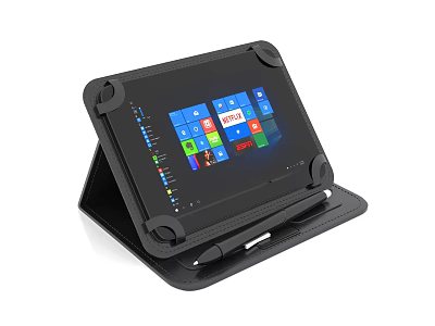 Tablet with Leather Stand Case Design Featuring Windows Interface and Stylus Pen 3d model