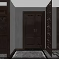 Chinese Style Dining Living Room Interior With Round Table Chandelier Wooden Furniture And Display Shelves