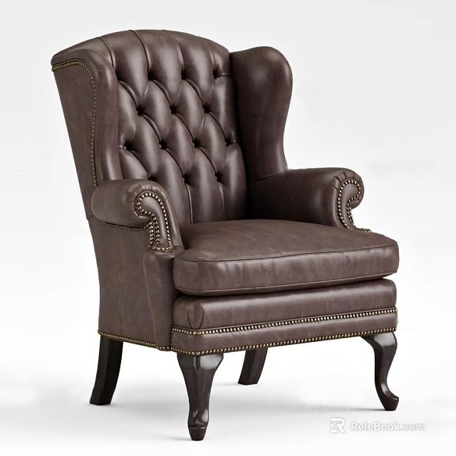 Classic Brown Leather Single Sofa With Tufted Buttons And Carved Wooden Legs 3d model 