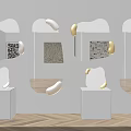 Irregular Shaped Mirrors With Gold Accents On White Pedestals Light Wall And Herringbone Wood Floor